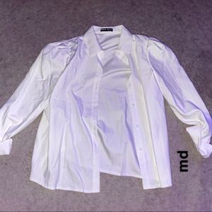 Solid white Bishop Sleeve Button Up Blouse